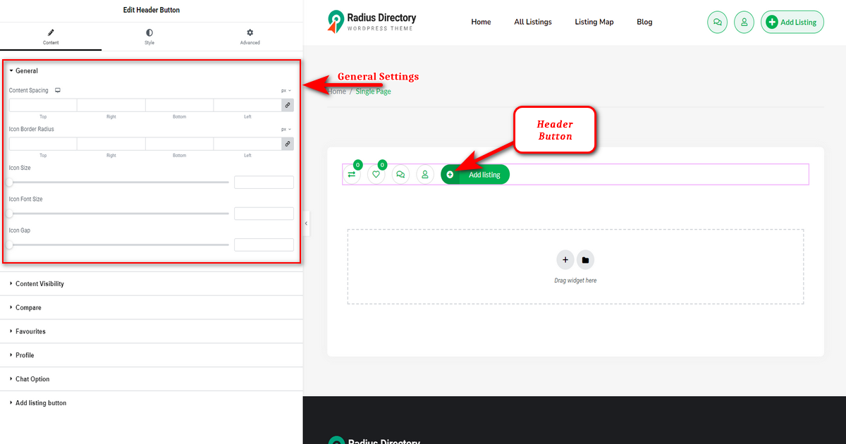 General Settings of Header Button
