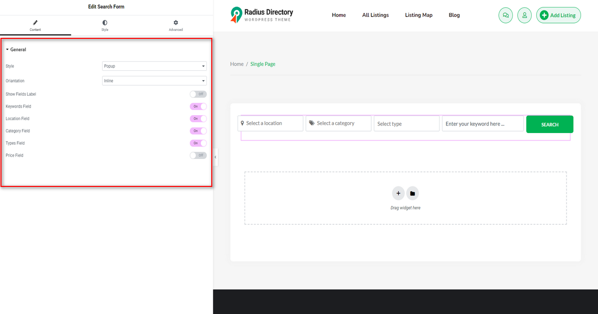 Screenshot of Search Form general settings