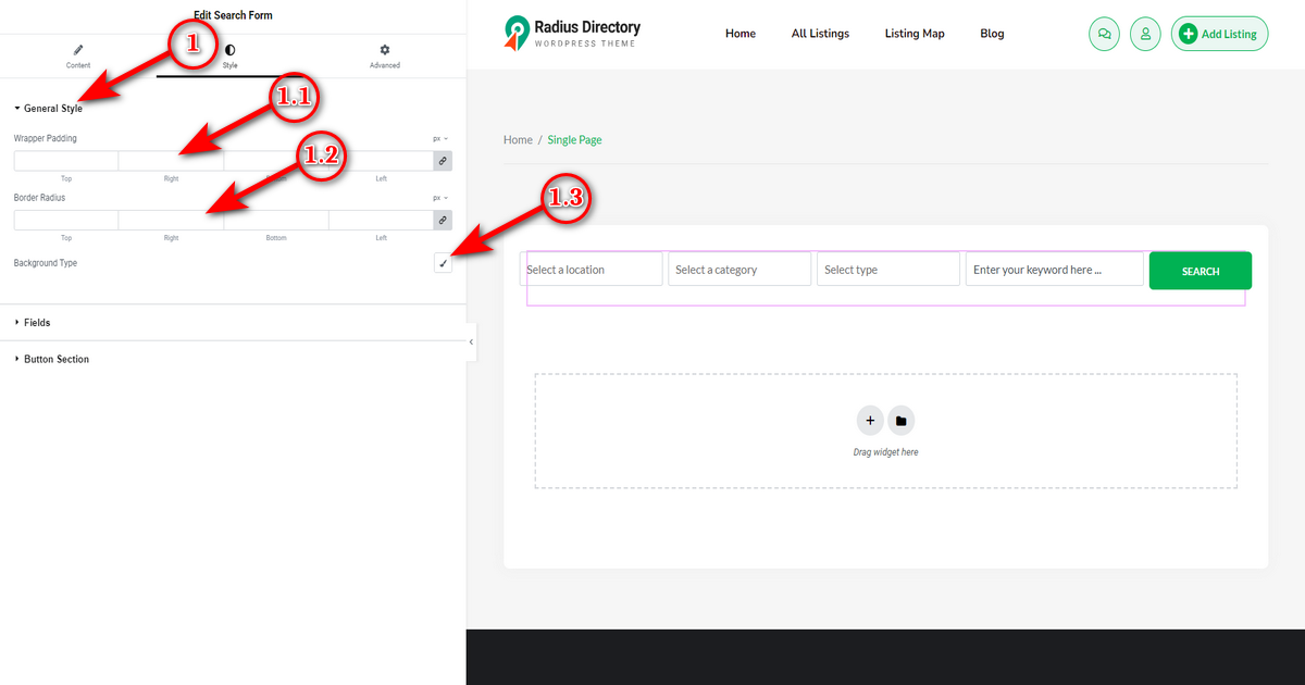 General Style Settings of Search Form