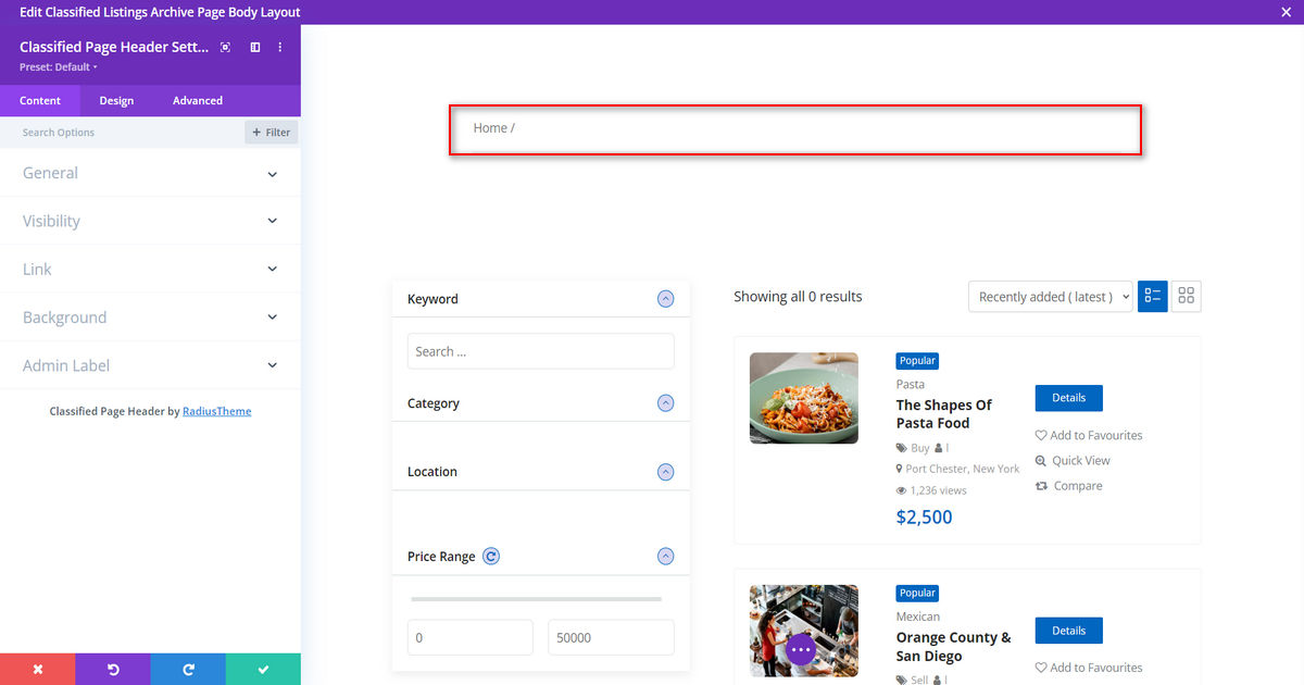 Classified Page Header screenshot
