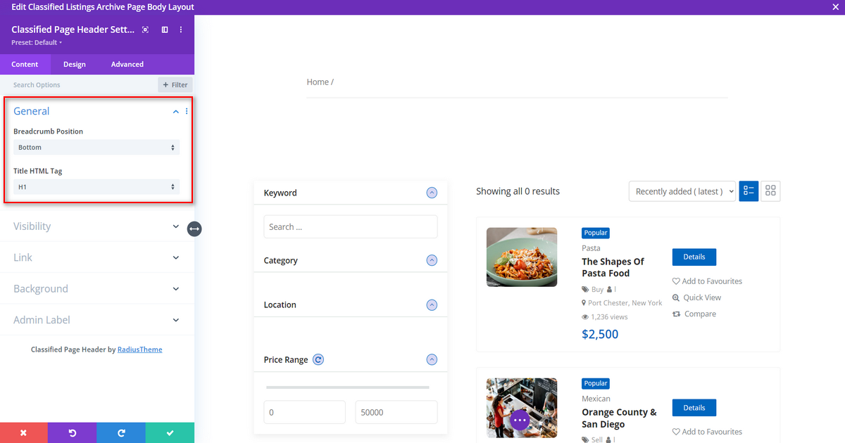 General option of Classified Page Header