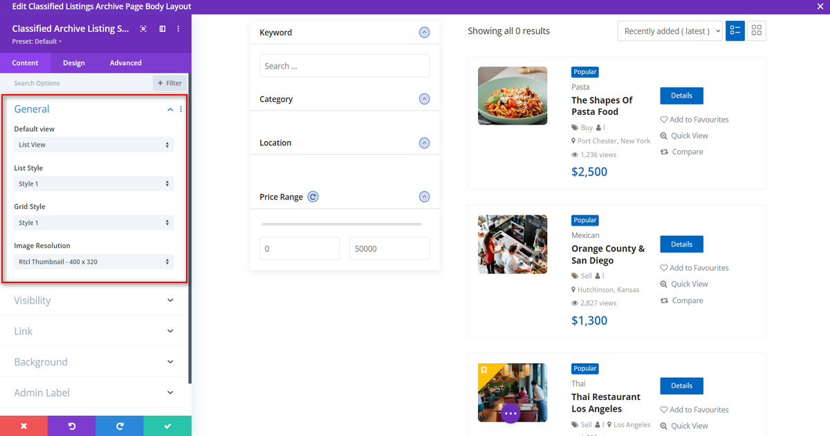 General option of Classified Archive Listing