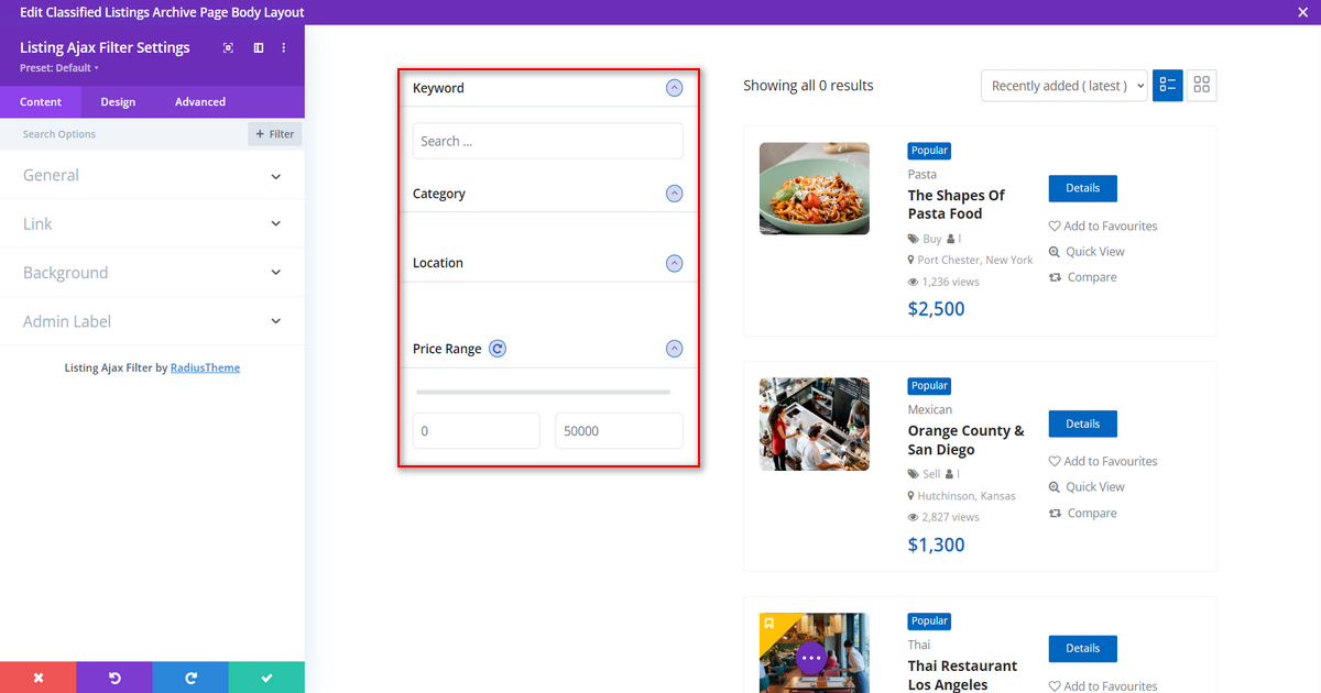 Screenshot of Listing Ajax Filter