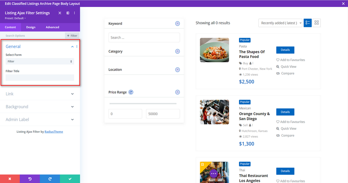 General option of Listing Ajax Filter