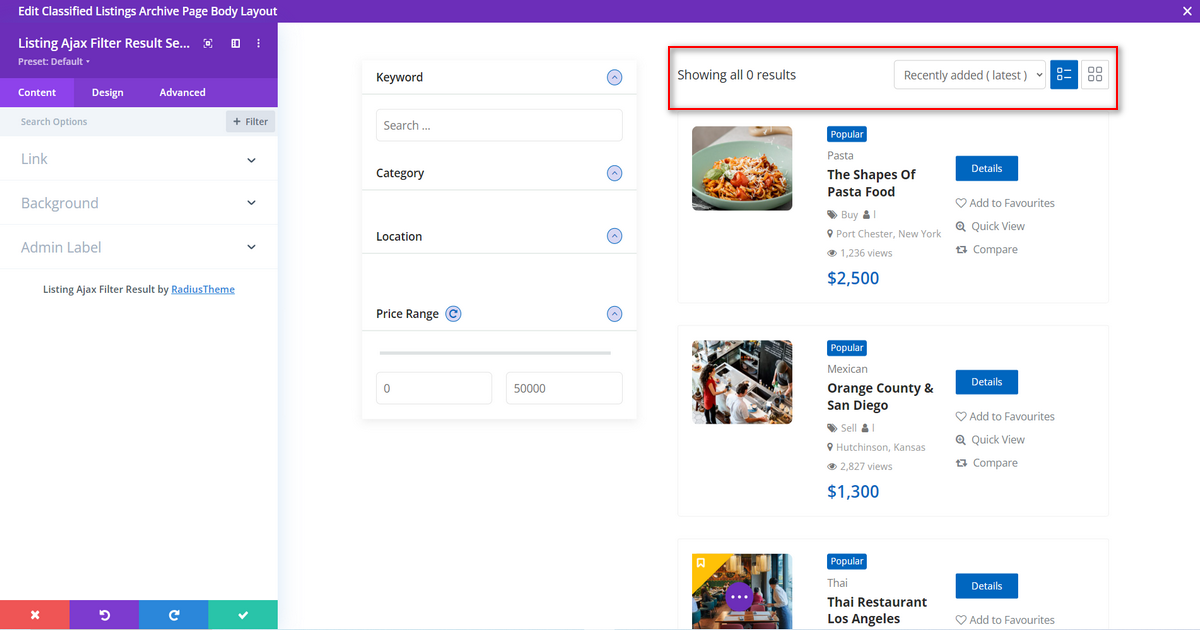 General option of Listing Ajax Filter