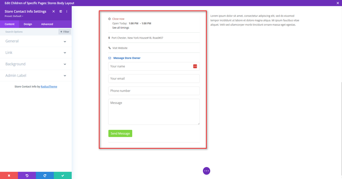 Screenshot of Store Contact Info
