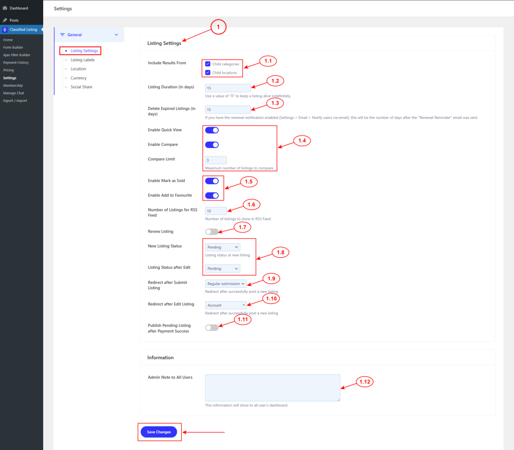 General Settings - Classified Listing Main Documentation
