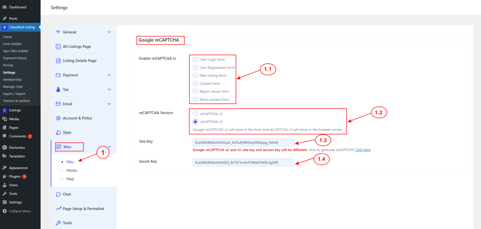 MISC Settings - Classified Listing Main Documentation