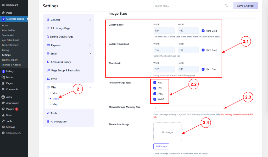 MISC Settings - Classified Listing Main Documentation