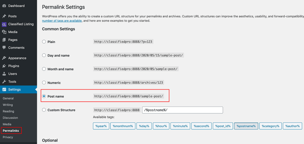 Permalink Settings - Classified Listing Main Documentation