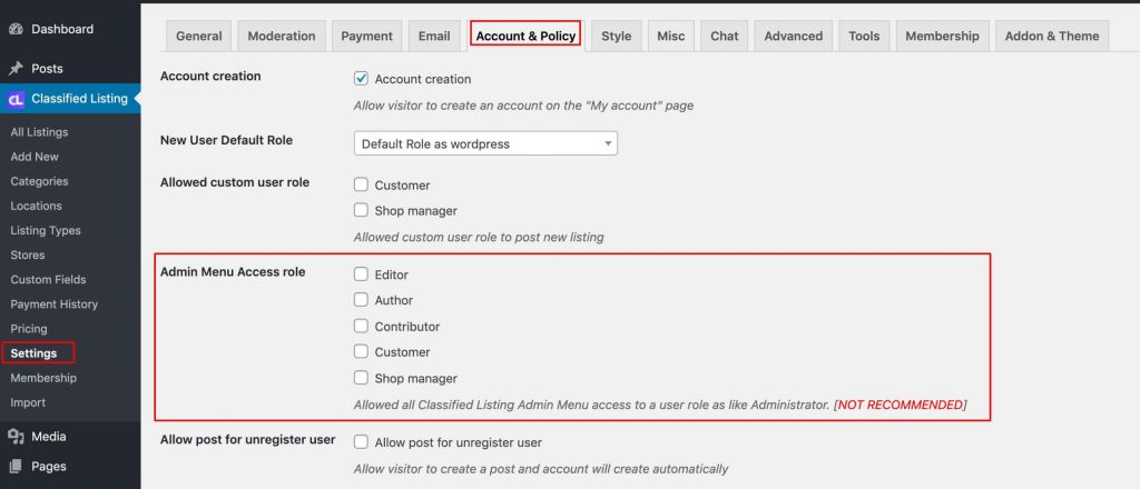 Admin Menu Access - Classified Listing Main Documentation