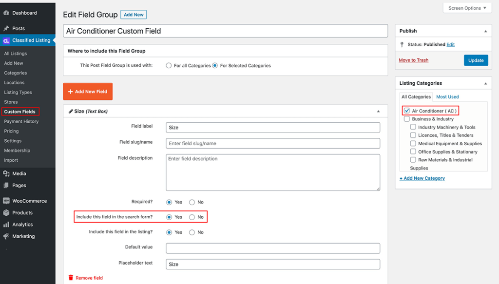 custom fields filter
