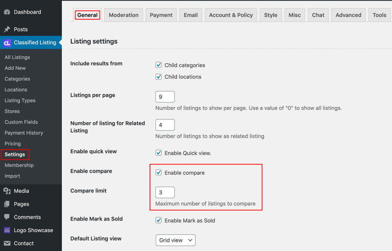 How to add Compare - Classified Listing Main Documentation