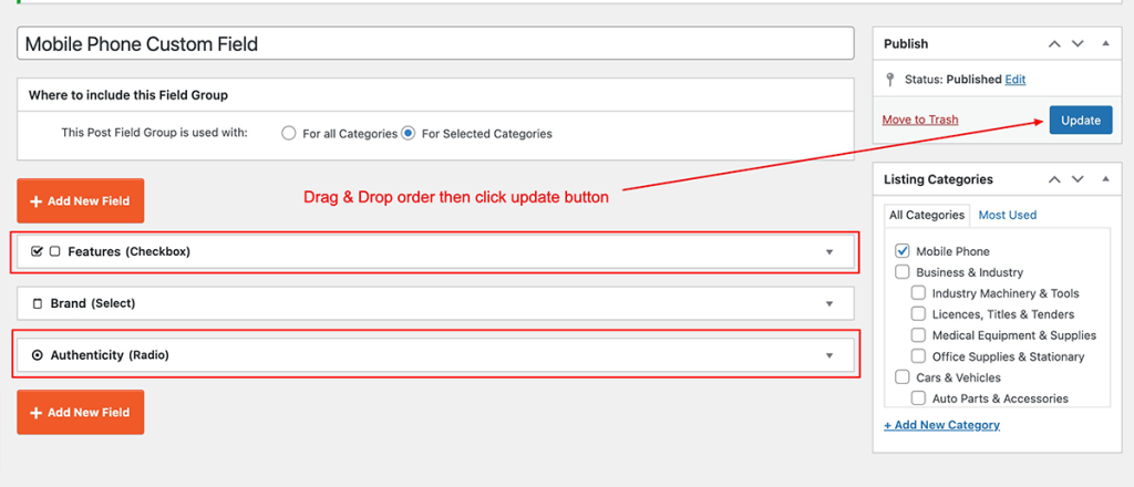 How to change custom fields order? - Classified Listing Main Documentation