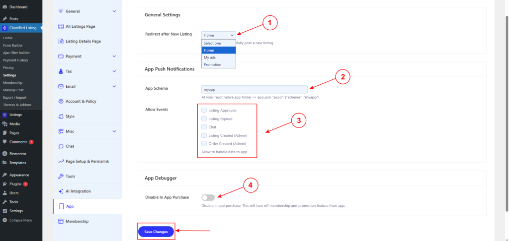 App Settings - Classified Listing Main Documentation