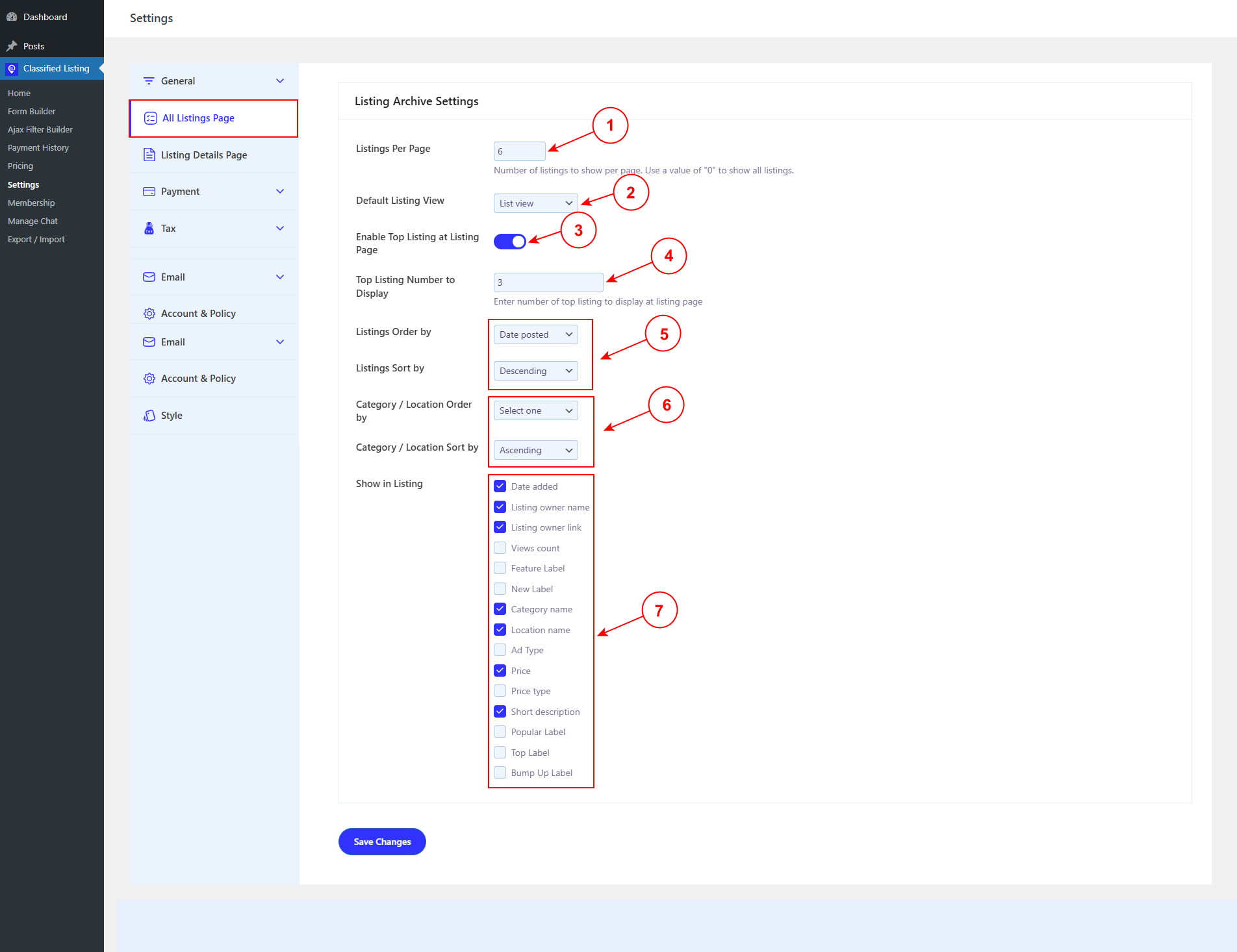 All Listings Page Settings