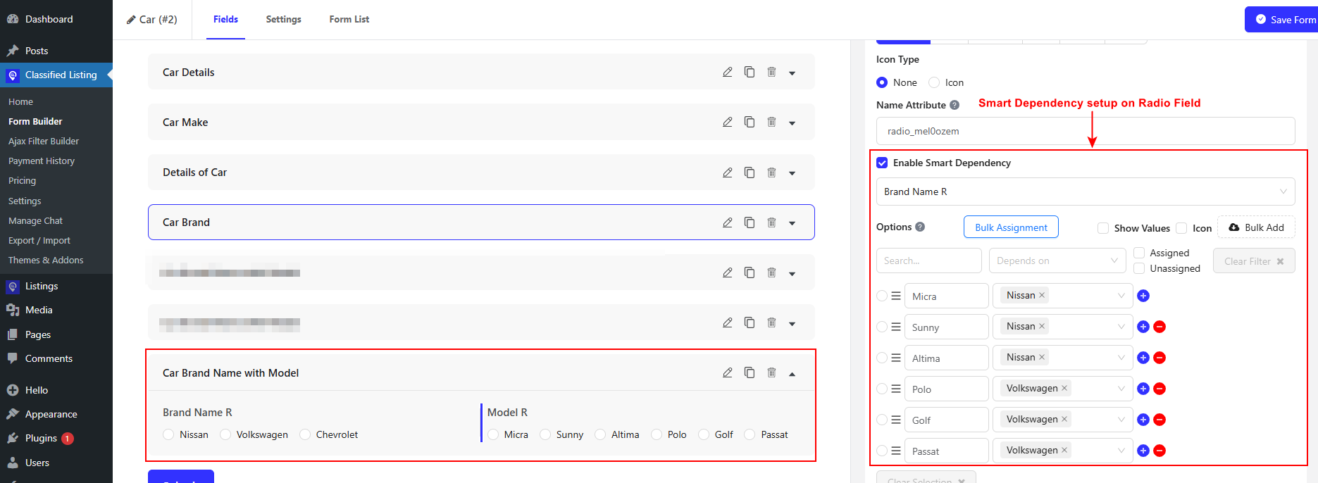 Smart Dependency setup on Radio Field
