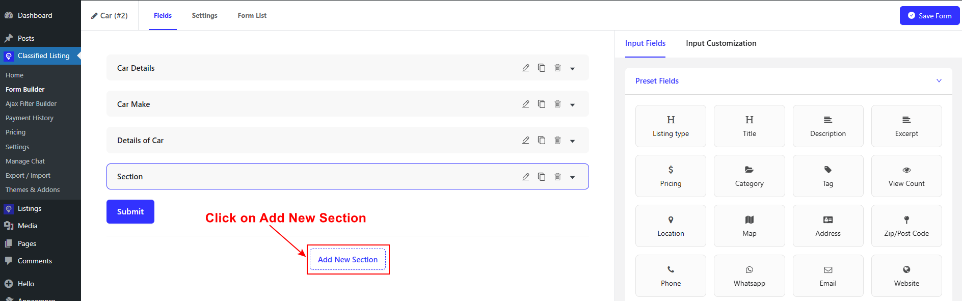 Click on Add New Section