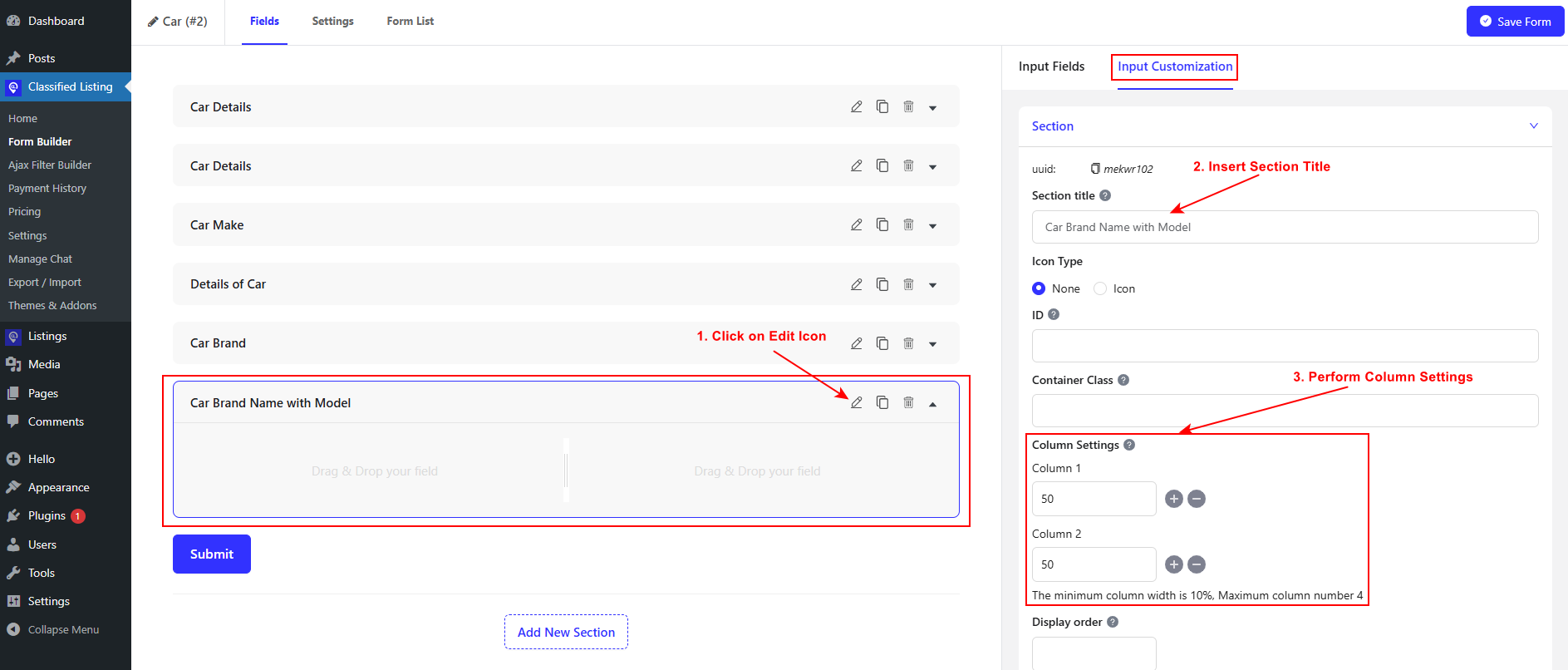 Edit Newly Created Section with Columns Setup