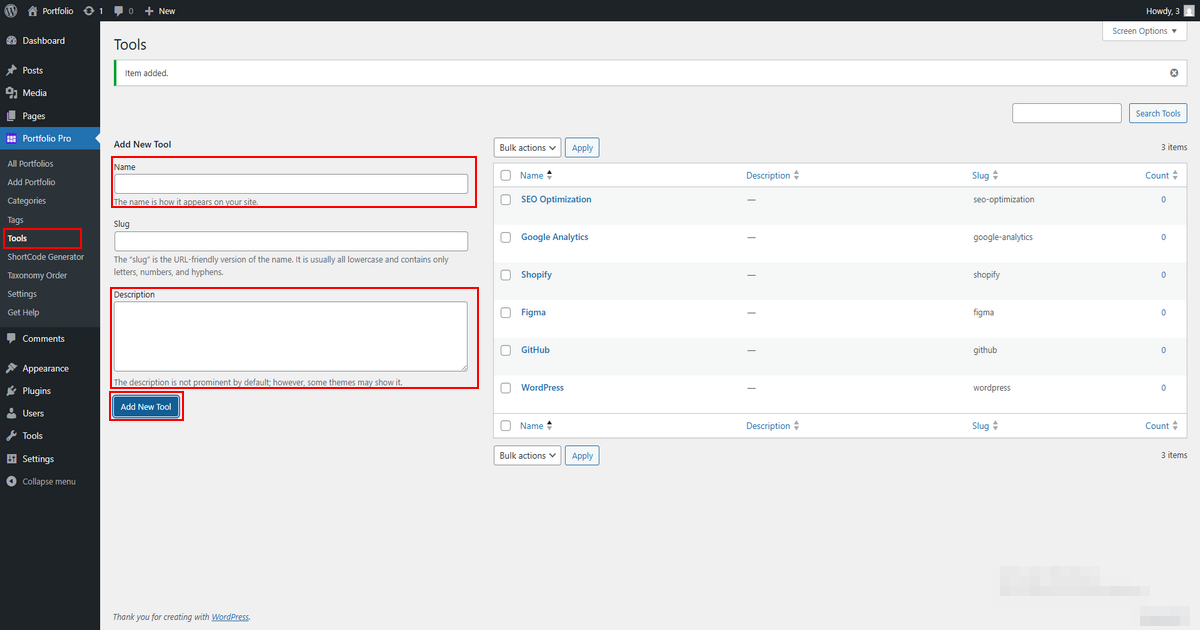 Sample Tool Add Add / Edit Tools – Portfolio – WordPress Portfolio Plugin