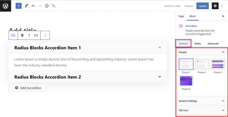 Accordion Block – Radius Blocks – Documentation