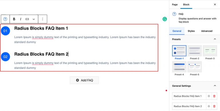 FAQ Block – Radius Blocks – Documentation