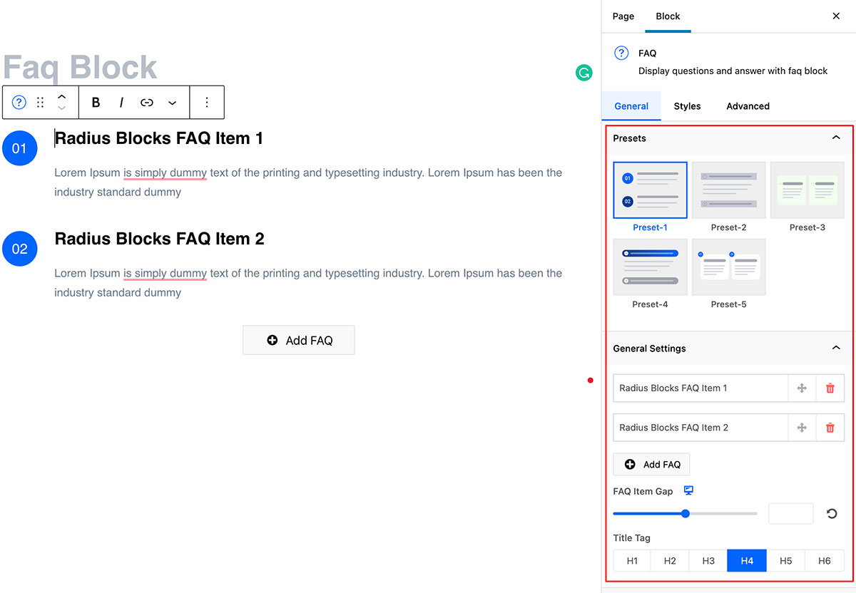 FAQ Block – Radius Blocks – Documentation