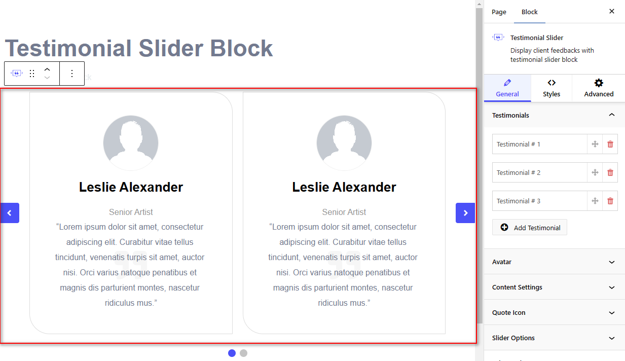 Testimonial Slider Block – Radius Blocks – Documentation