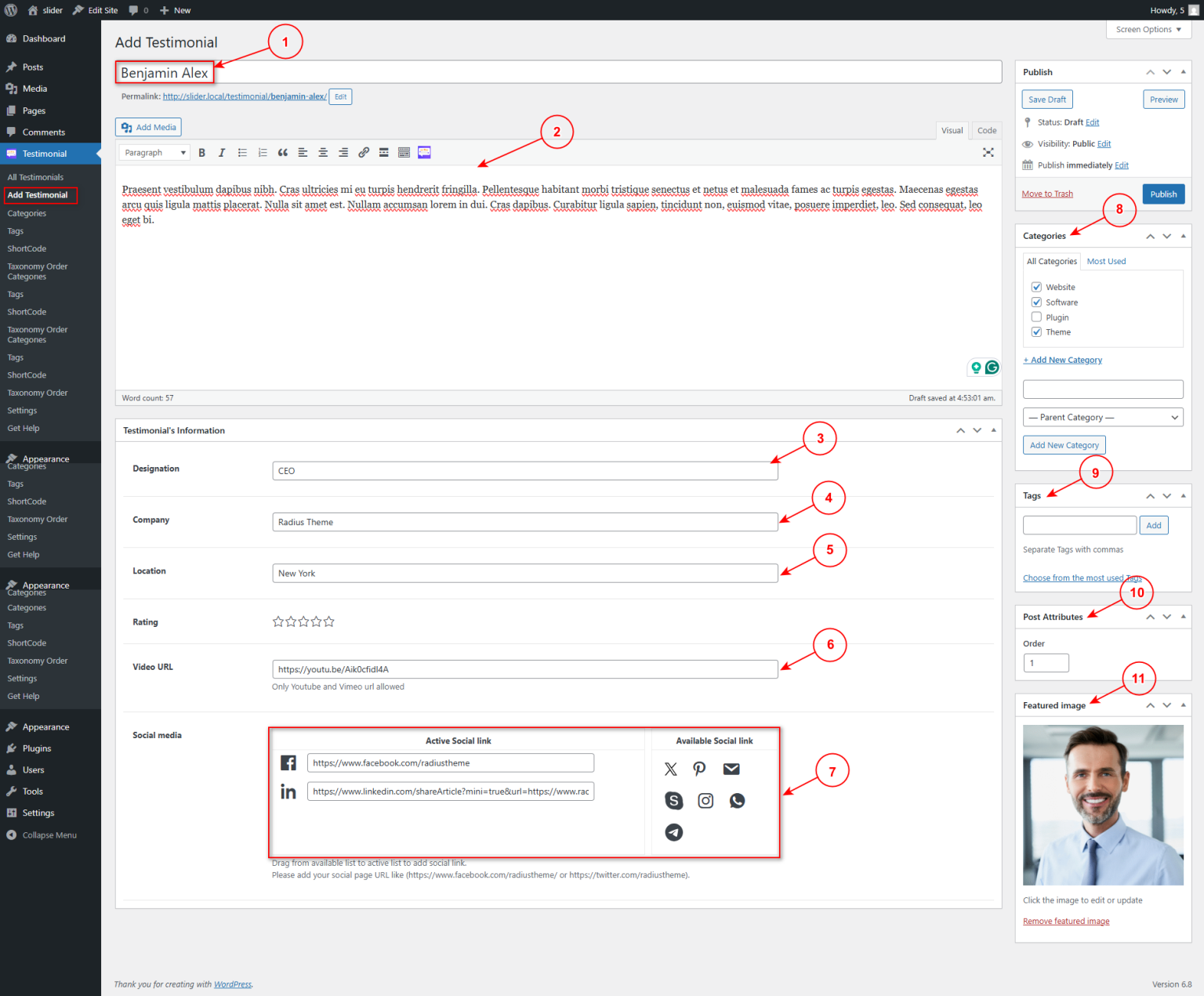 Add / Edit Testimonials – Testimonial Slider & Showcase WordPress Plugin