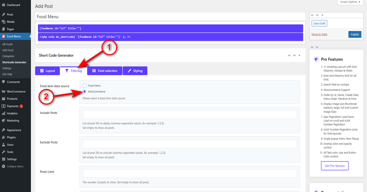 Select woocommerce as food item data source