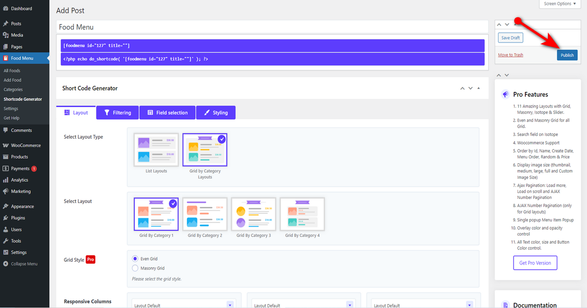 Press publish button of shortcode generator