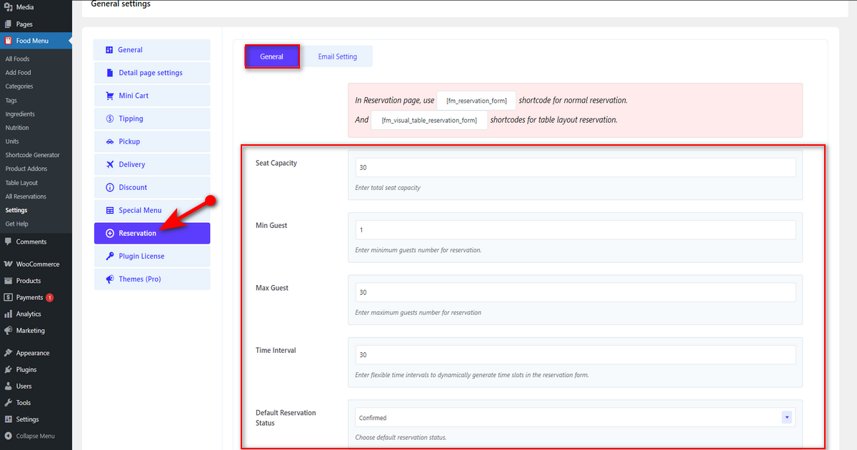 Work with reservation settings