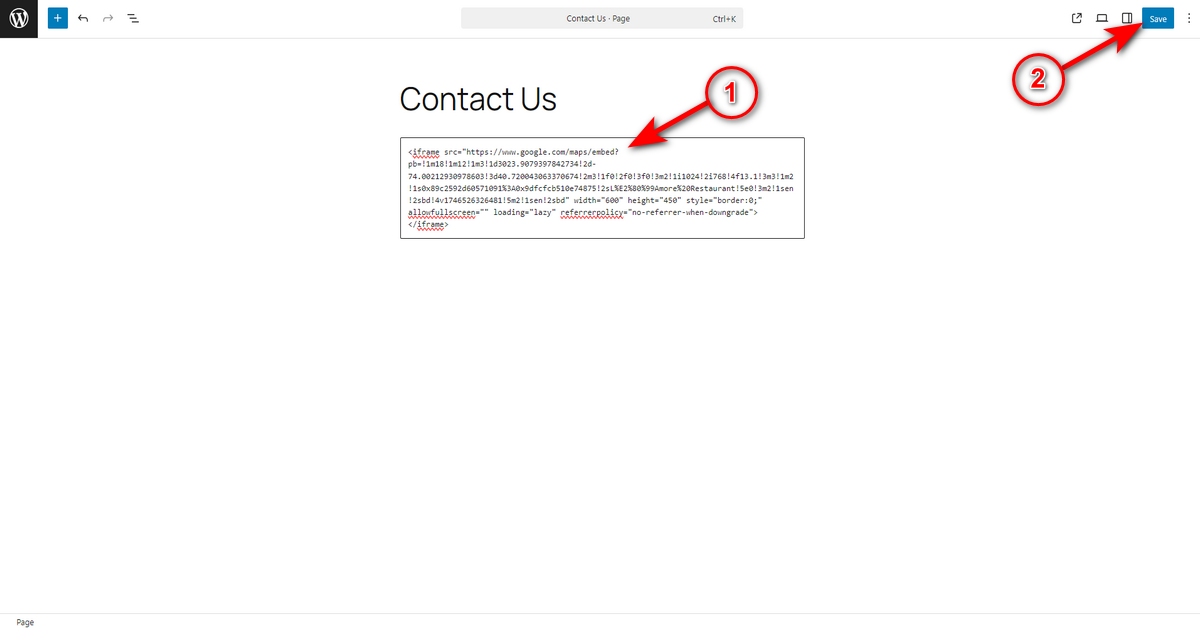 Paste the Google map embed code