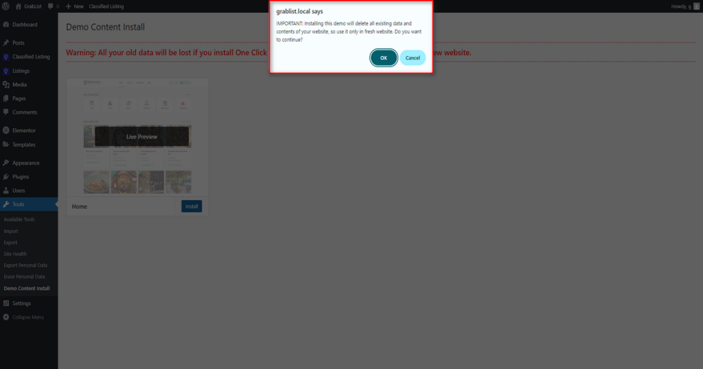 Screenshot of Alert Popup