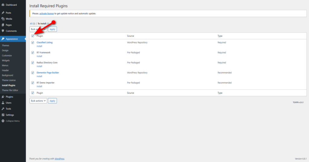 Select box next to plugin