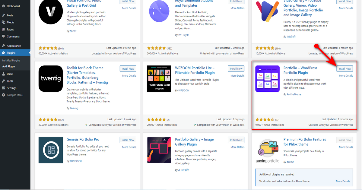 Click install now button of portfolio plugin