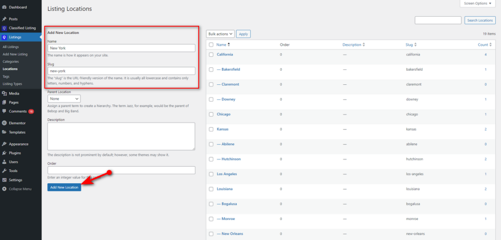 Create a listing location
