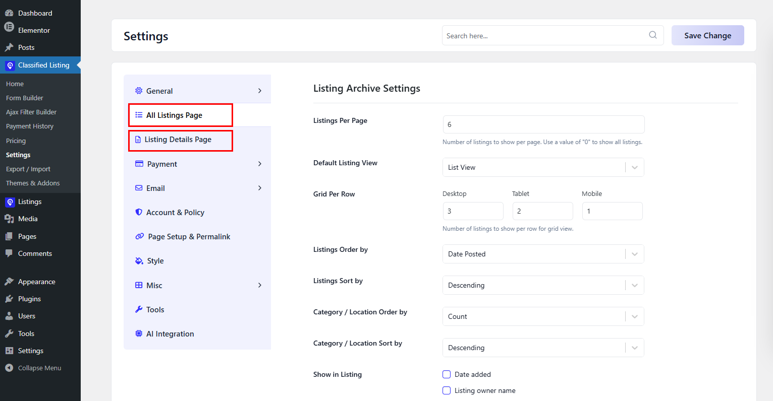 listing settings