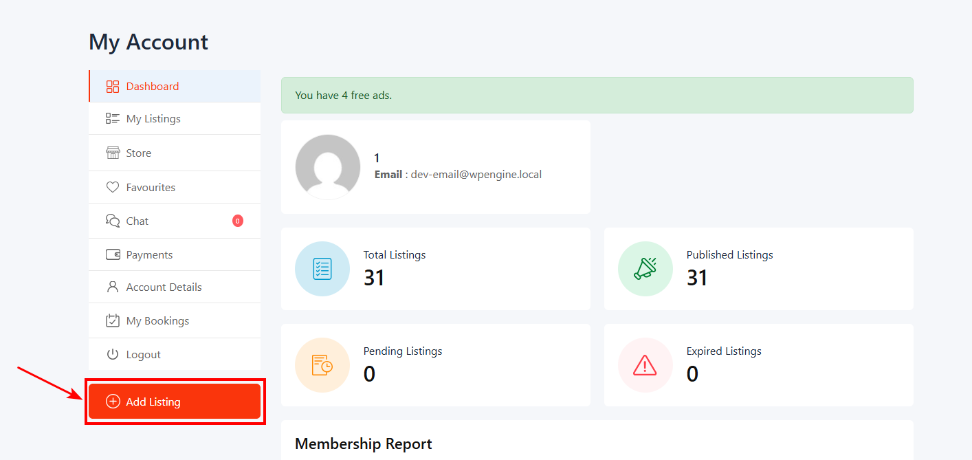 user front end dashboard