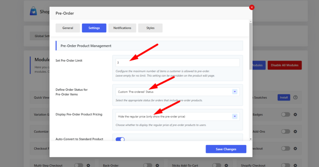 Screenshot of pre order options under the settings tab
