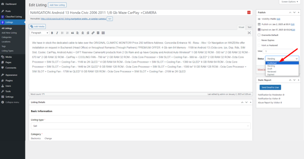 Change the listing status