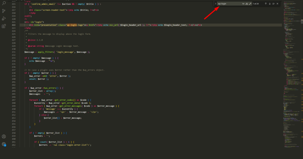 Type wp login in the find field of visual studio