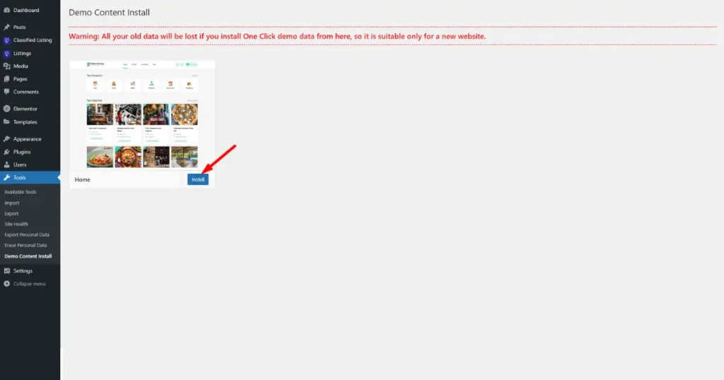 Click the install button of demo content