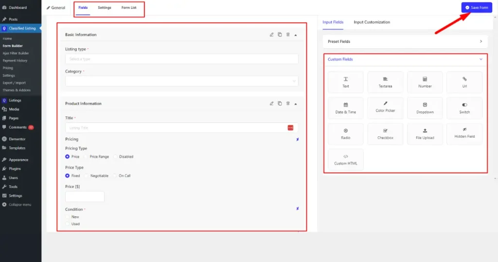 Customize listing form