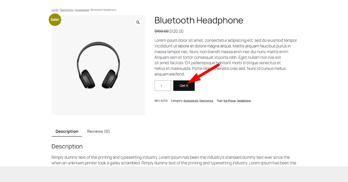 Screenshot of the changed add to cart button text
