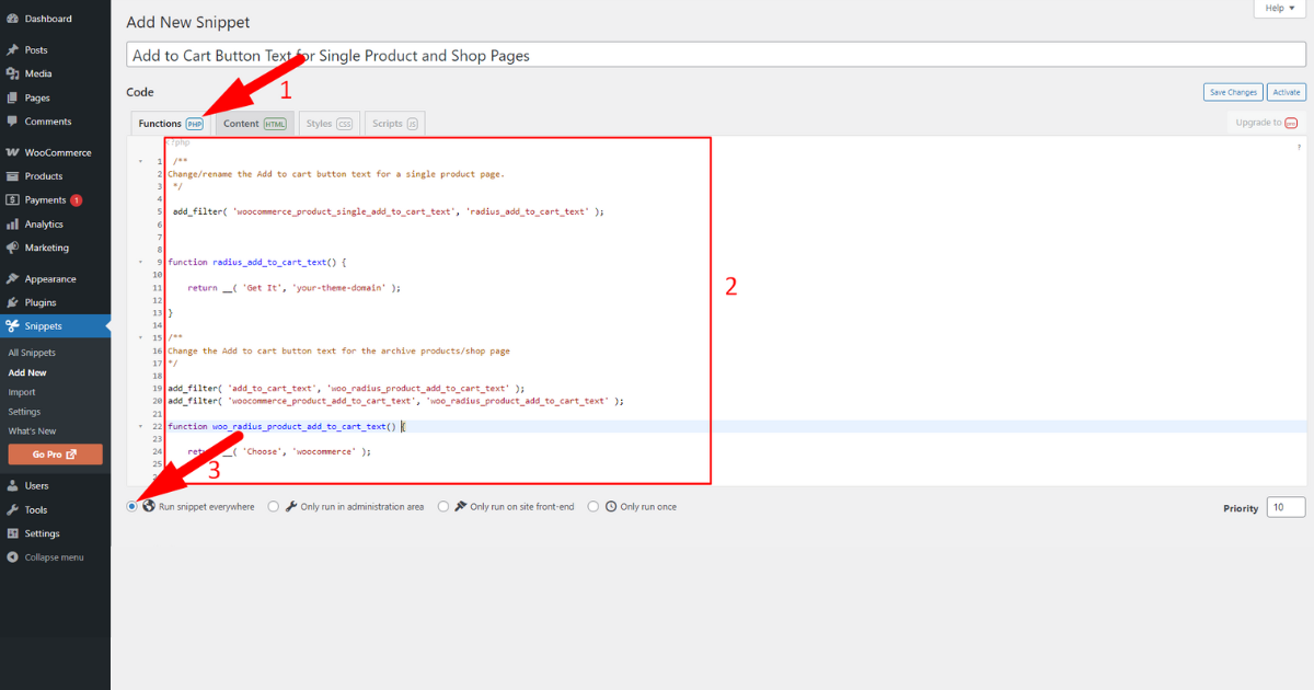 Place code snippets inside fucntions php box