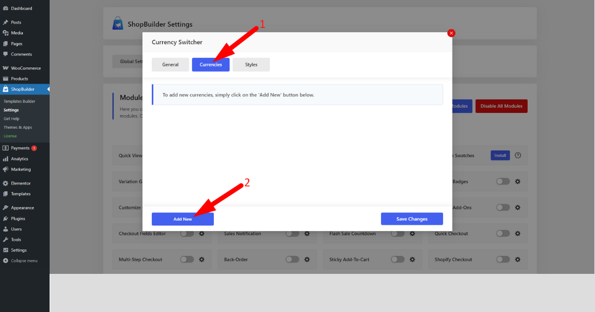 Click currencies tab and add new button