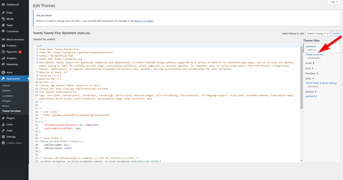 Click functions php file