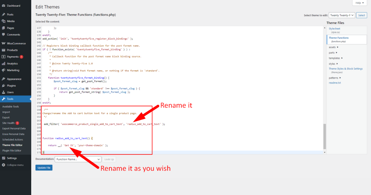 Place code snippet inside theme function file