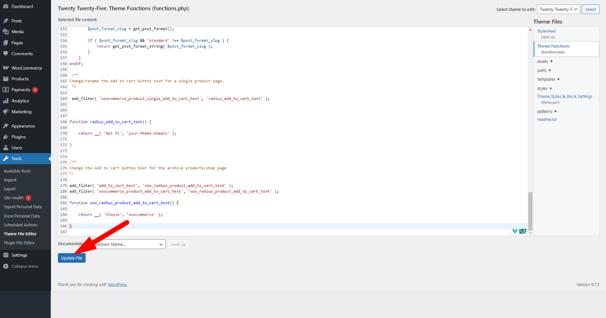 Click update file button of theme file editor